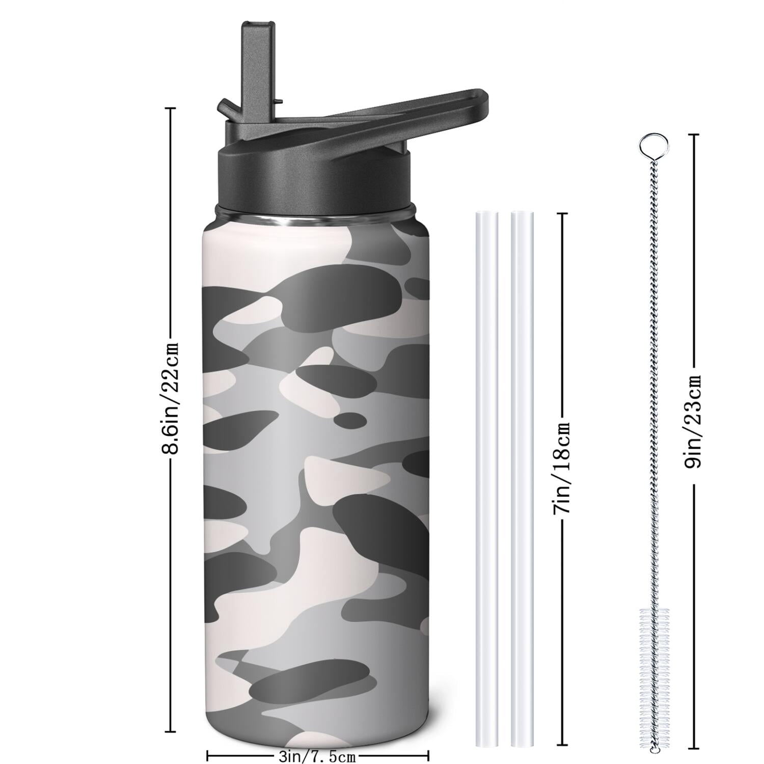 Camouflage Insulated Stainless Steel Water Bottle with Straw & Cleaning Brush – 18/32/40 Oz | Leakproof, BPA-Free, 304 Stainless Steel, Wide Mouth, Travel Mug for Car, Gym, Office