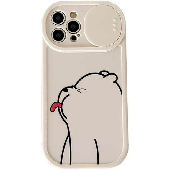 Cute Bear Protruding Tongue Slide Camera Lens Protector Soft for iPhone Case (White,iPhone 12)