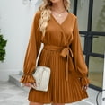 thumbnail image 6 of Usmixi Womens Dresses Long Sleeve V-Neck Solid Mini Summer Dress Tie Waist Flowy Pleated Swing Casual A Line Dresses Yellow Up to 65% off, 6 of 7