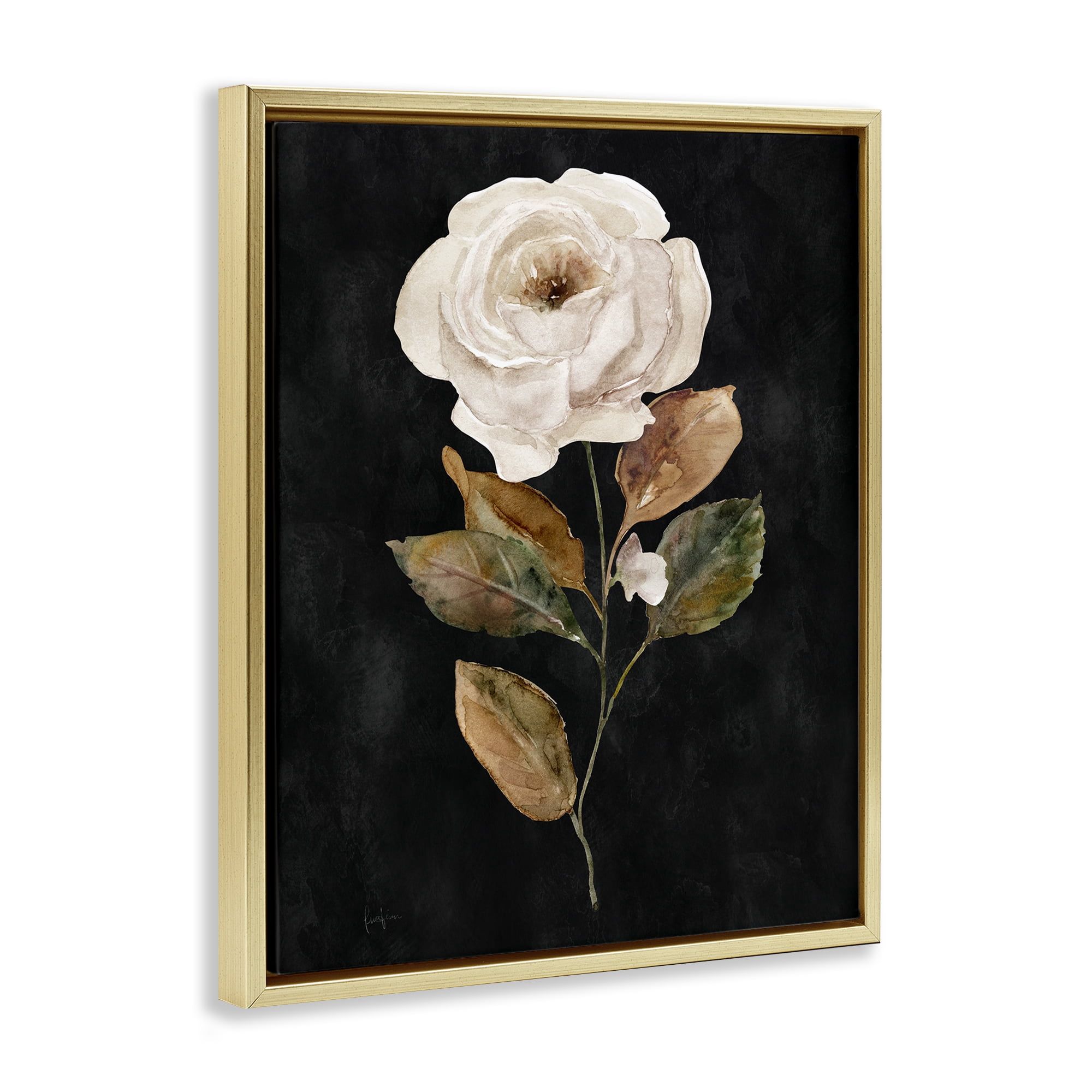 Stupell Industries White Rose on Black Plants & Flowers Painting Gold Floater Framed Canvas Art Print Wall Art, 17 x 21