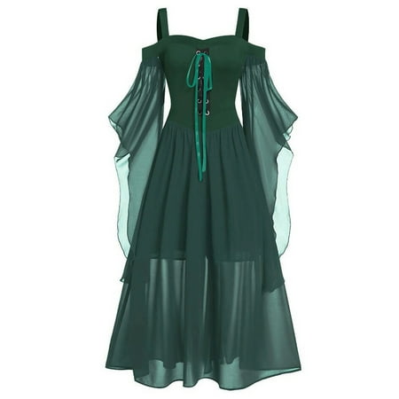 DDAPJ pyju Medieval Vintage Dresses for Women 2025 Cold Shoulder Corset Maxi Dress Plus Size Flared Sleeve Ball Gown Flowy Hem Elegant Chiffon Dress Halloween Cosplay Costume S - 5XL