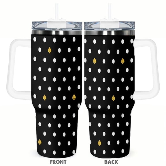 40oz Black White Polka Dot Travel Tumbler with Gold Spade Pattern Insulated Car Coffee Cup with Handle and Straw Lid