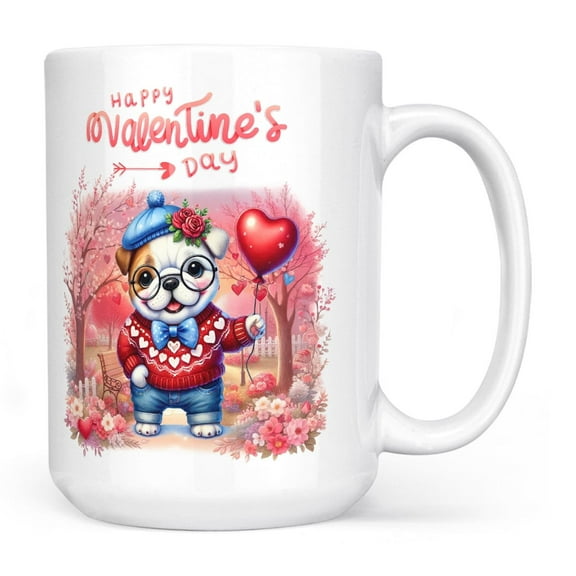 Happy Valentine’s Day Adorable Bulldog Puppy Holding Heart Balloon Mug Dog Lover Gifts Idea Coffee Tea Cup - 00030