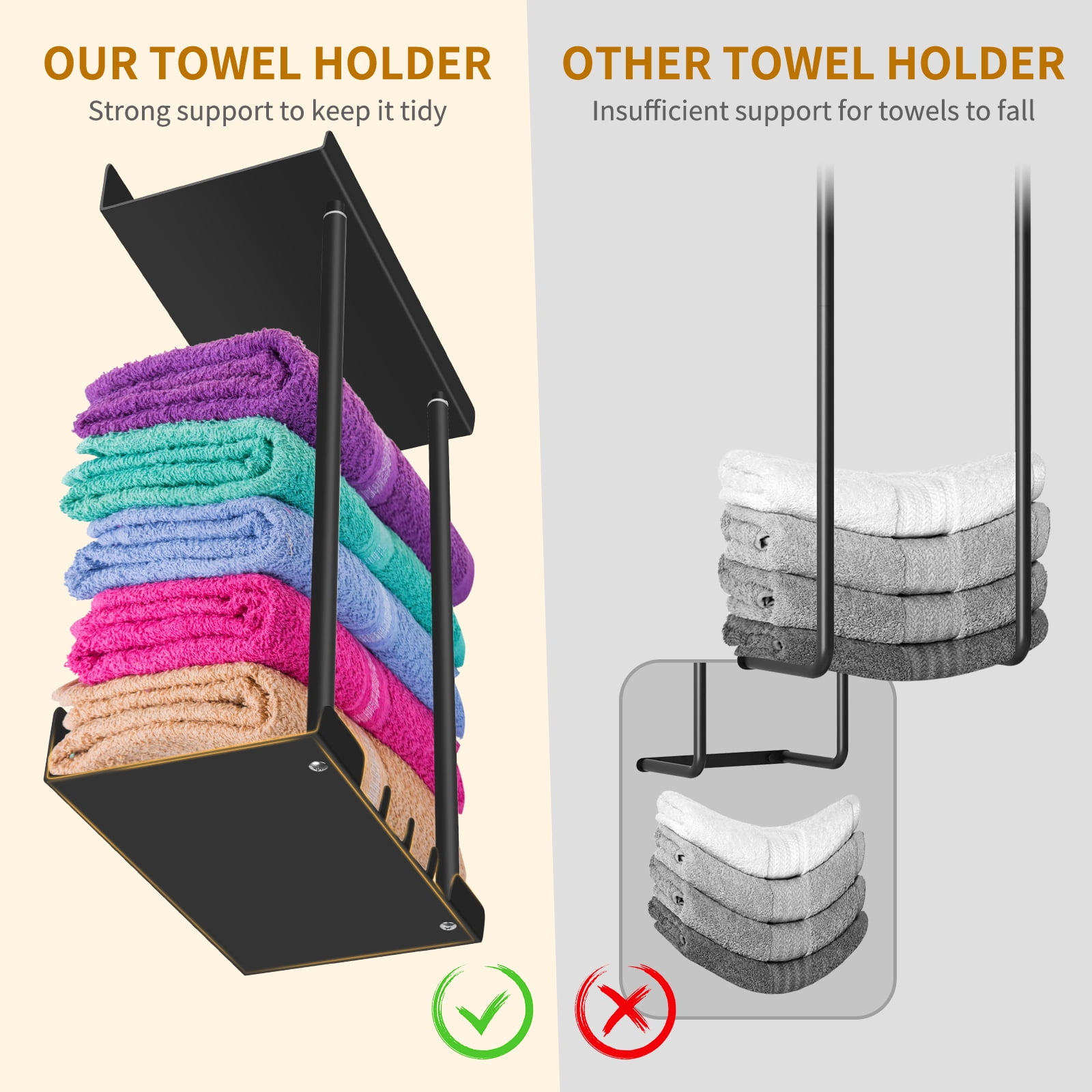 PHANCIR Retractable Wall-Mounted Towel Rack for Bathroom, Metal Towel Holder with Shelf & Hooks, Storage for Bath Towels & Hand Towel, Black