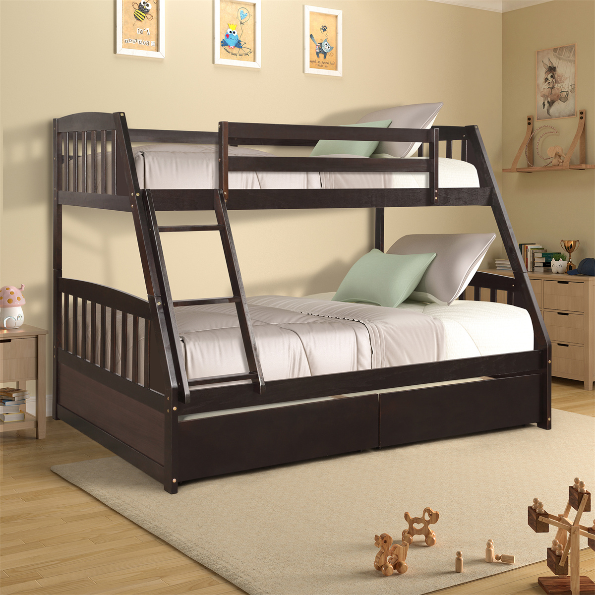 Solid Wood Twin Over Full Bunk Bed with Two Storage Drawers, Bunk Bed
