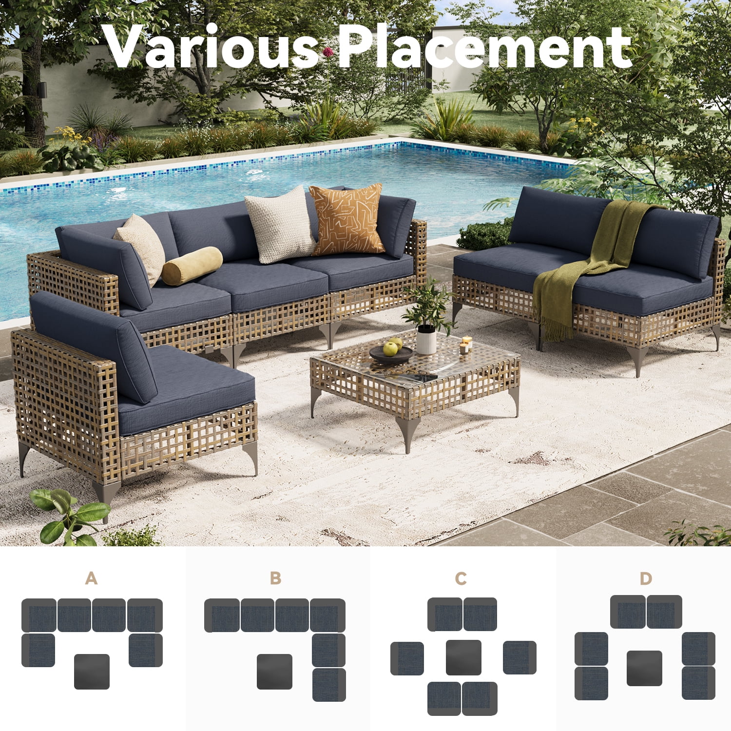YODOLLA 7-Piece Patio Furniture Set with Tea Table, Rattan Wicker Outdoor Sectional Furniture Sofa Conversation Set, Dark Brown Rattan&Dark Grey Cushions
