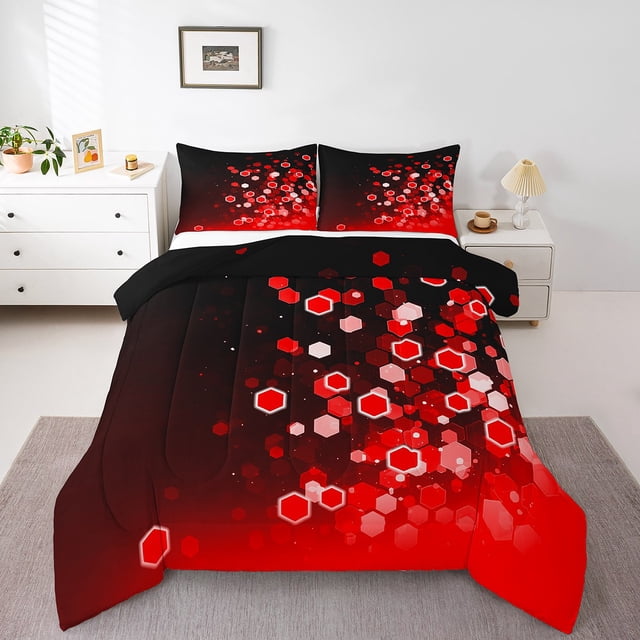 Erosebridal Red Hexagon Bedding King Comforter Set,Geometric Honeycomb Comforter Sets King Size,Gradient Ombre Bedding Sets King With Comforter,Geometry Room Decorative,Reversible,3 Pieces