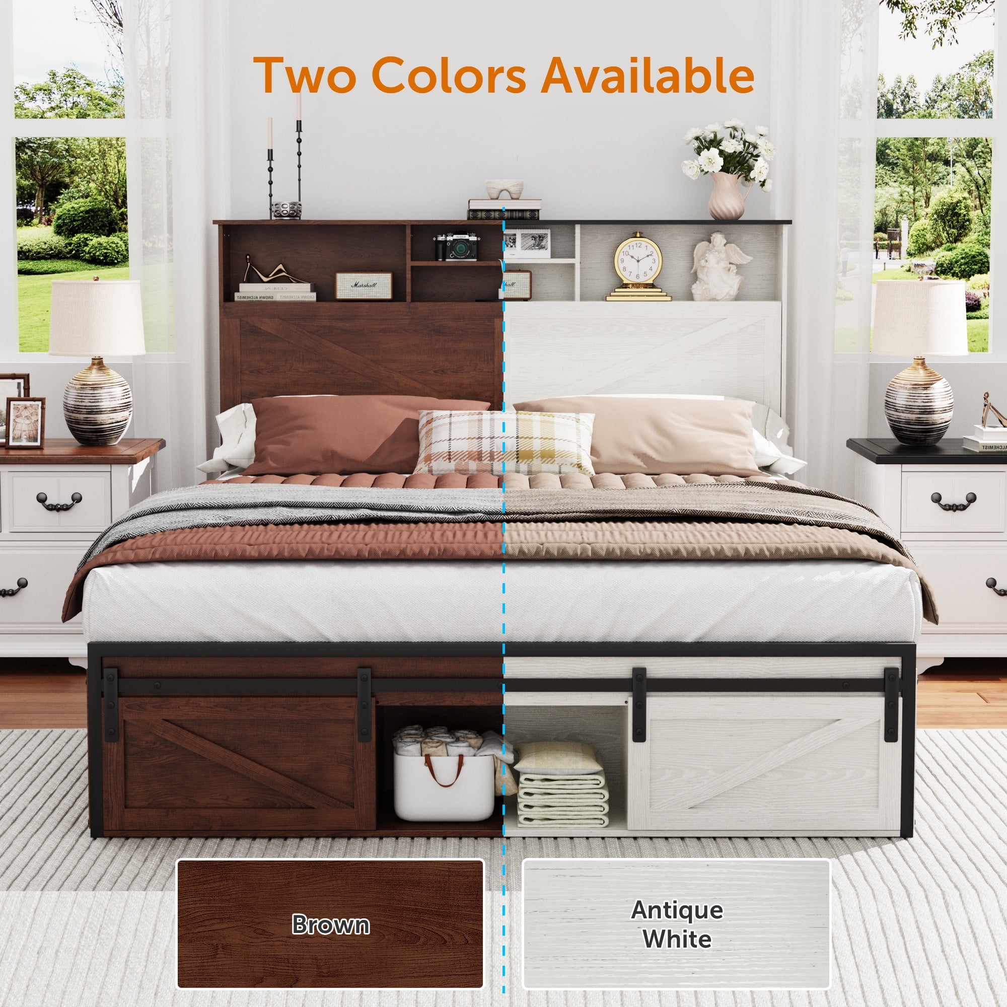 Full Size Bed Frame, Holaki Farmhouse Full Bed Frame with Storage Headboard, Charging Station & LED Lights, 2 Storage Drawers, No Box Spring Needed, Noise Free, Easy Assembly, Dark Brown