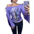 thumbnail image 3 of hirigin Women Off-shoulder Crop Tops Elf Print Bandage Cutout Casual Long Sleeve T-shirt Streetwear Clubwear, 3 of 5