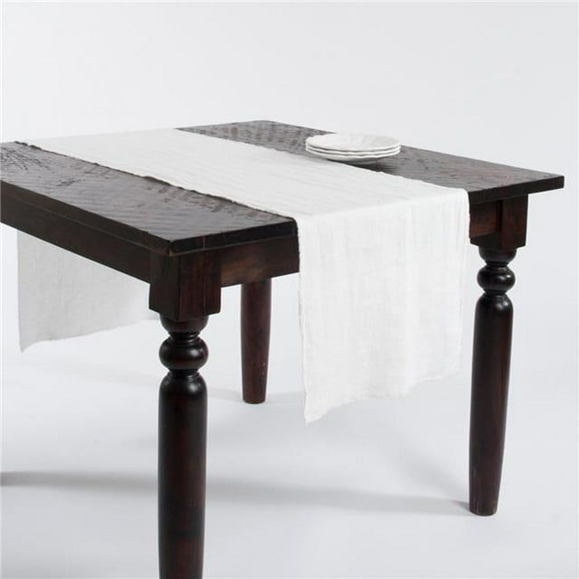 SARO 13009.I1672B 16 x 72 in. Rectangular Fringed Design Stone Washed Linen Table Runner - Ivory