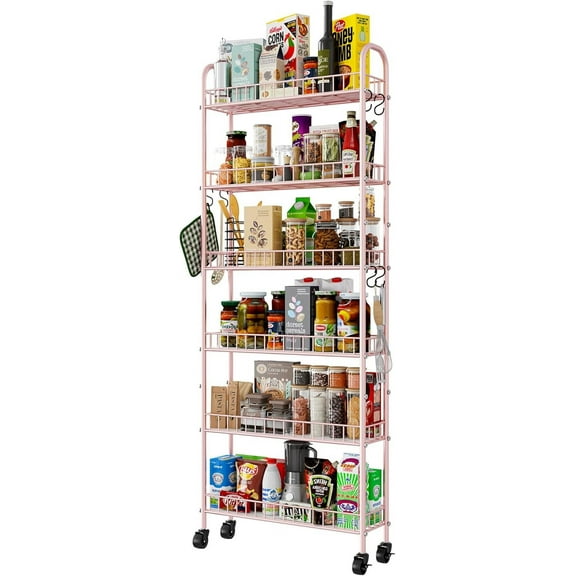 6 Tier Slim Rolling Storage Cart with Wheels, Metal Mobile Shelving Unit Organizer Utility Cart for Office Bathroom Kitchen Laundry Room Narrow Places (Pink 6 Inches)