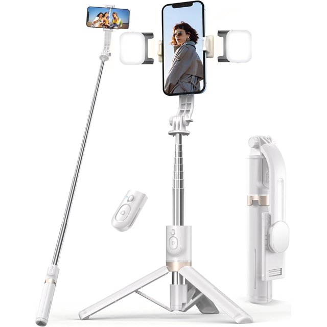 170cm Trípode,Palo de Selfie Todo en uno con luz de Relleno y Control Remoto inalámbrico,Transmisión En Vivo, Videoconferencia, Compatible para iPhone y Android,blanco
