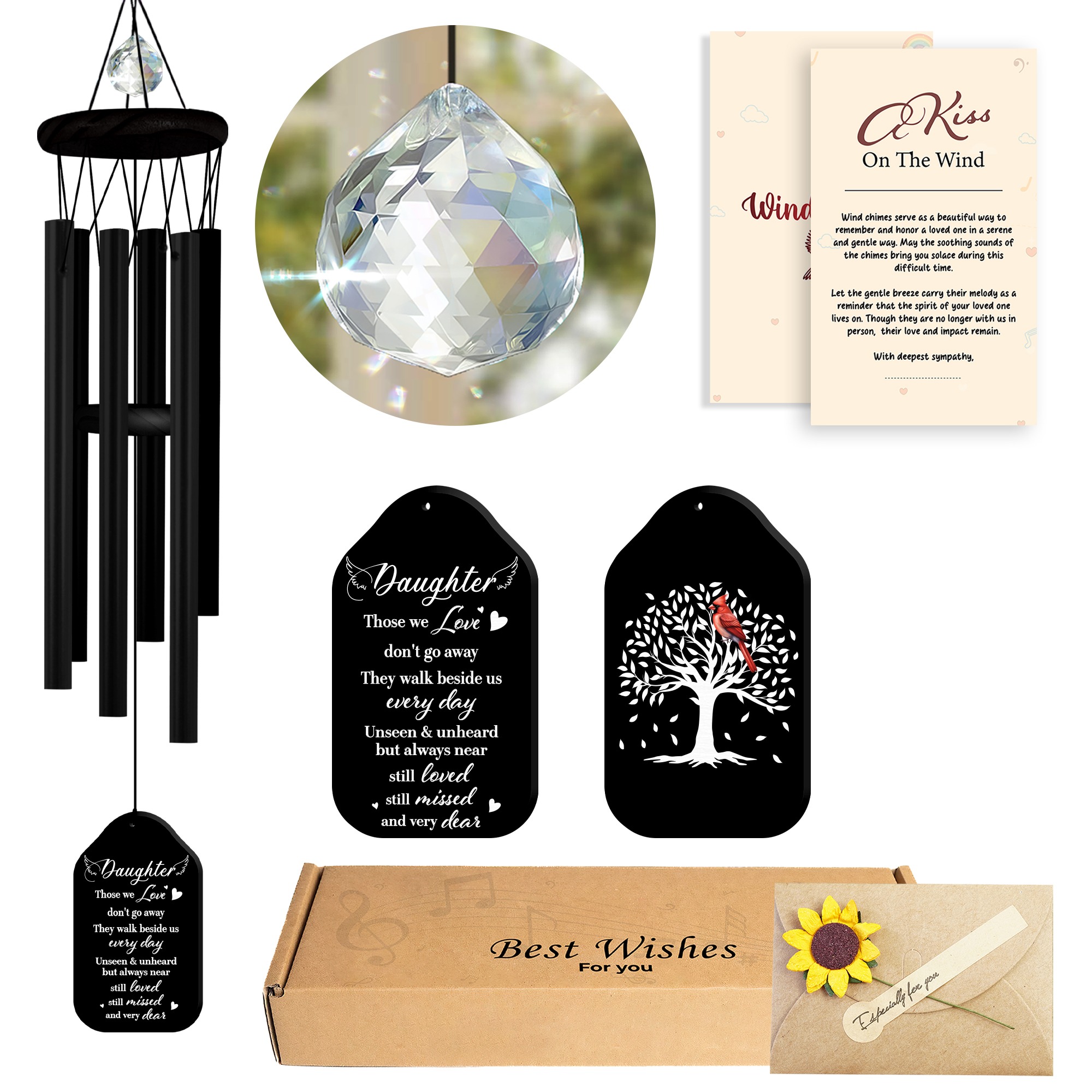 Memorial Wind Chimes Personalized for Daughter, Black Outdoor Sympathy Wind Chime with Crystal Accent, Double-Sided Engraved Design, Cardinal Tree Pattern, Includes Poem Card, Sunflower Card Gift Box