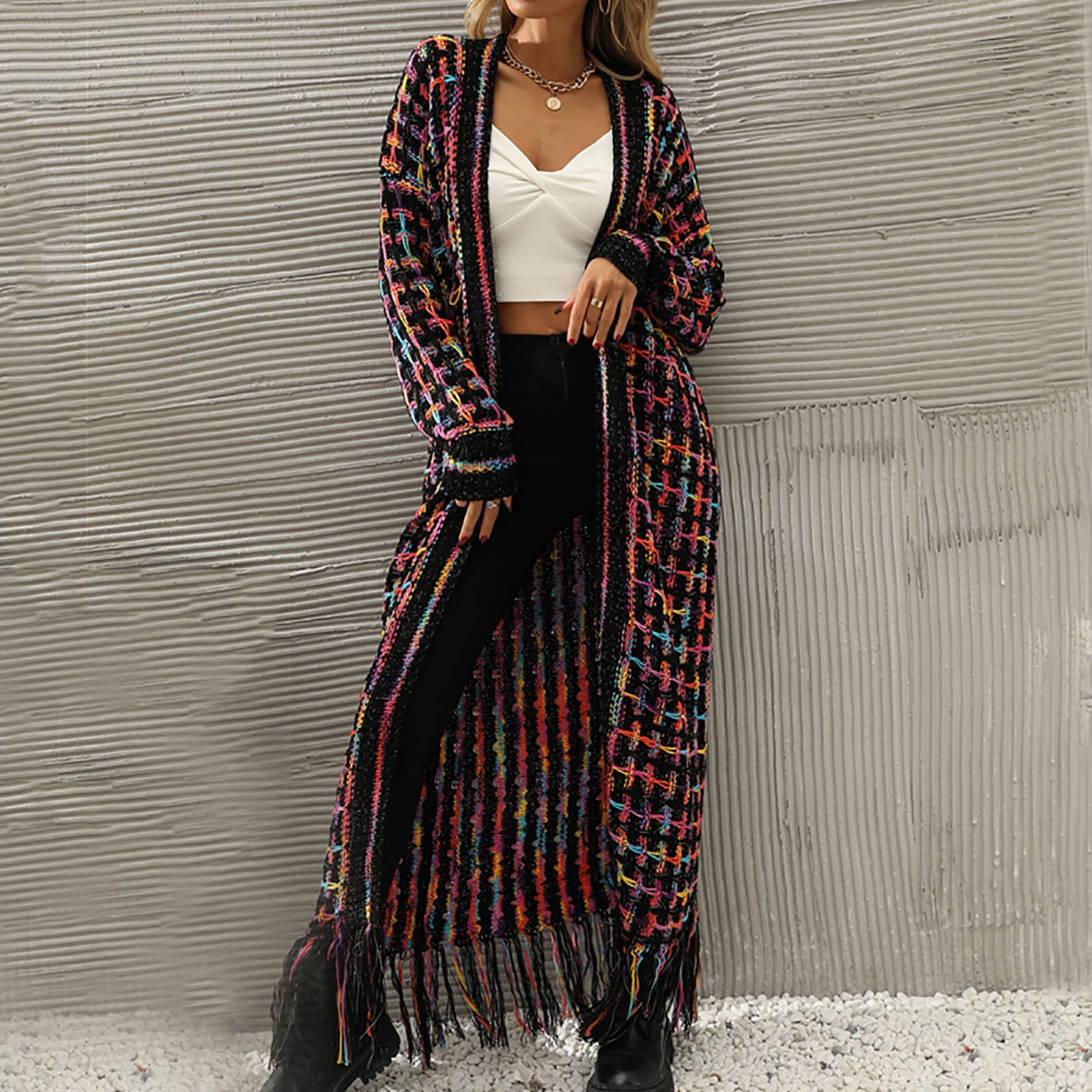 Cardigans Sweaters for Women Long Sleeve Open Front Tassels Oversized Knitted Coats Knee Length Checkered Color Block Soft Outerwear Sweater
