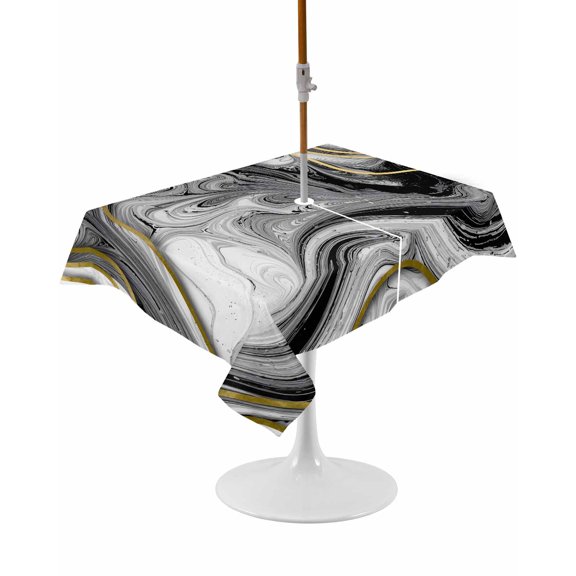 Outdoor Table Cloth with Umbrella Hole and Zipper, Black Gray Marble Waterproof Rectangle Tablecloth 54"x80", Vintage Golden Abstract Patterned Washable Table Cover for Outside Party Patio Picnic