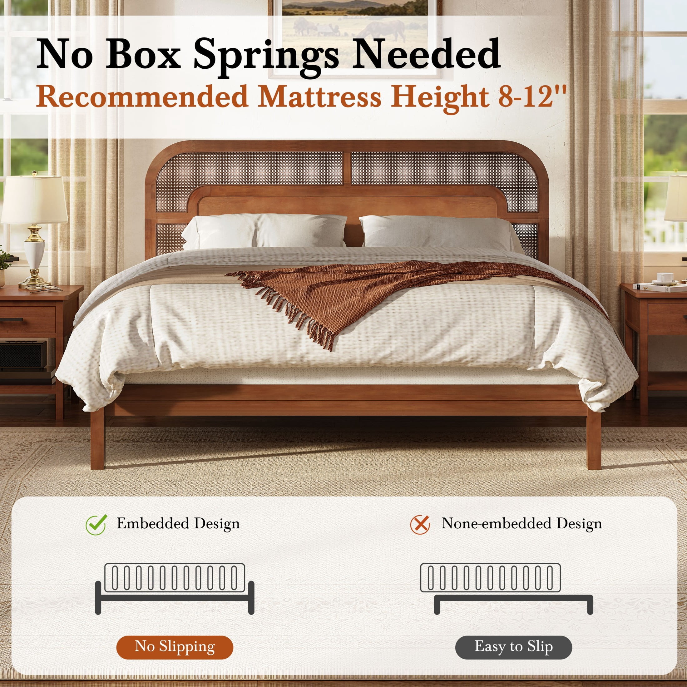 Christopher Knight Home Bohemian Queen Platform Bed with Rattan Headboard, Solid Wood Frame, Walnut