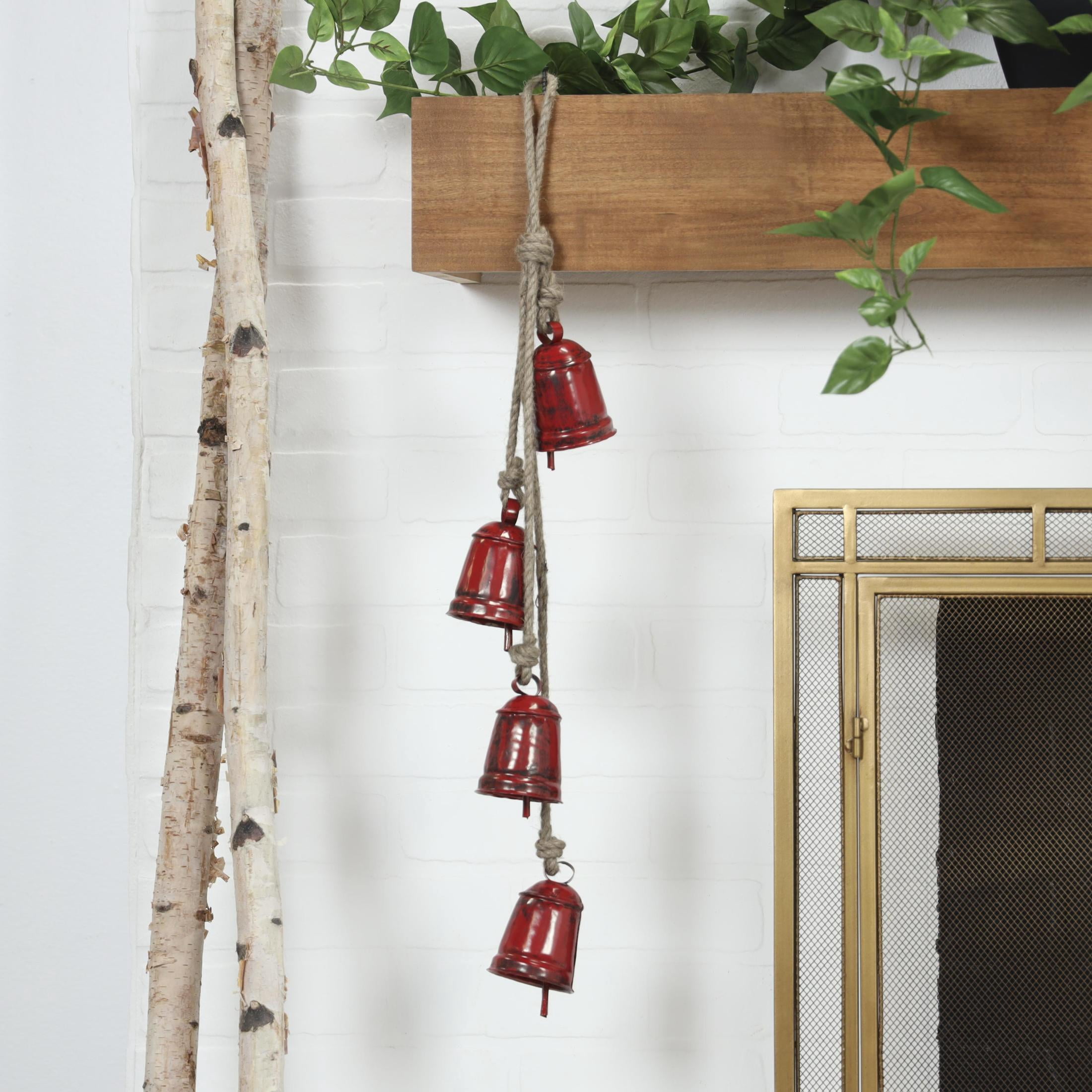 DecMode Tibetan Inspired Cascading Red Metal Cylindrical Decorative Cow Bells with 4 Bells on Jute Hanging Rope