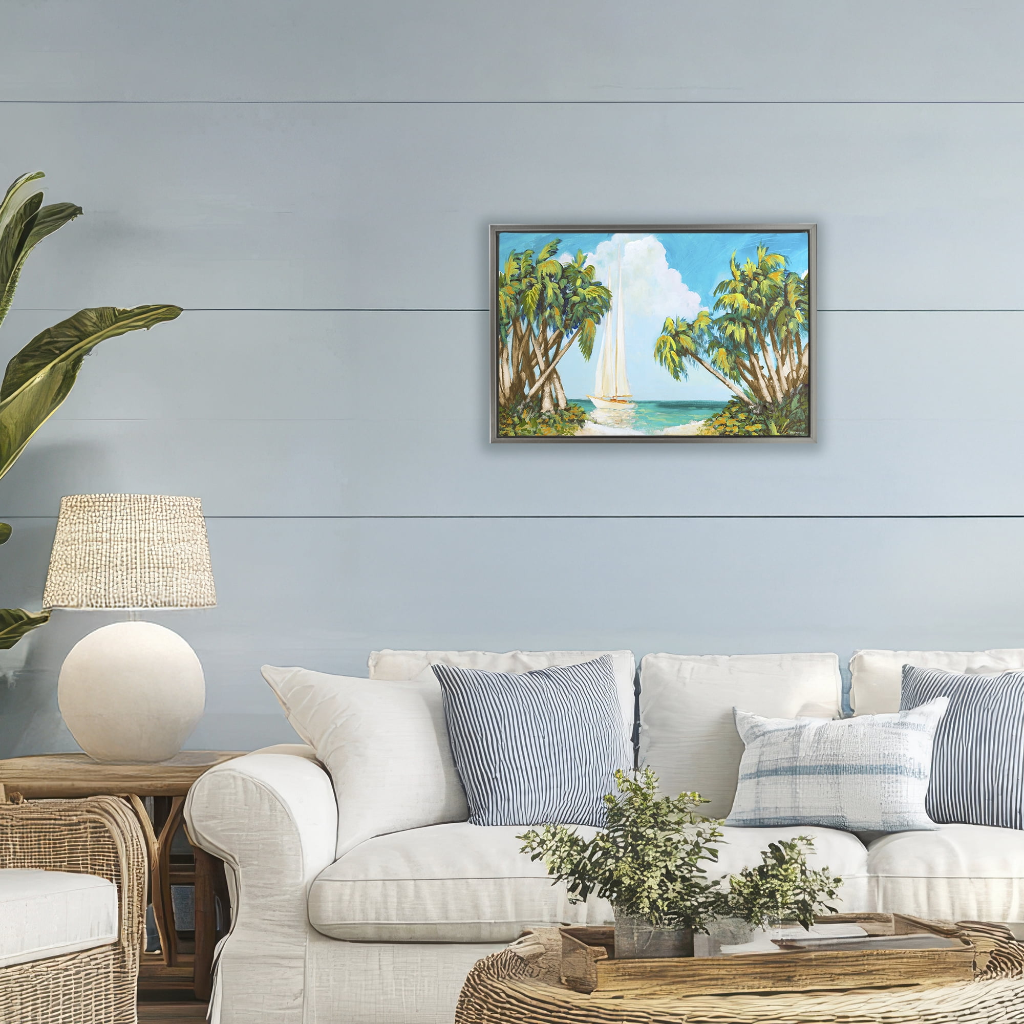 Stupell Industries Sailboat Among Palms Gray Framed Floater Canvas Wall Art, design by Dan Meneely