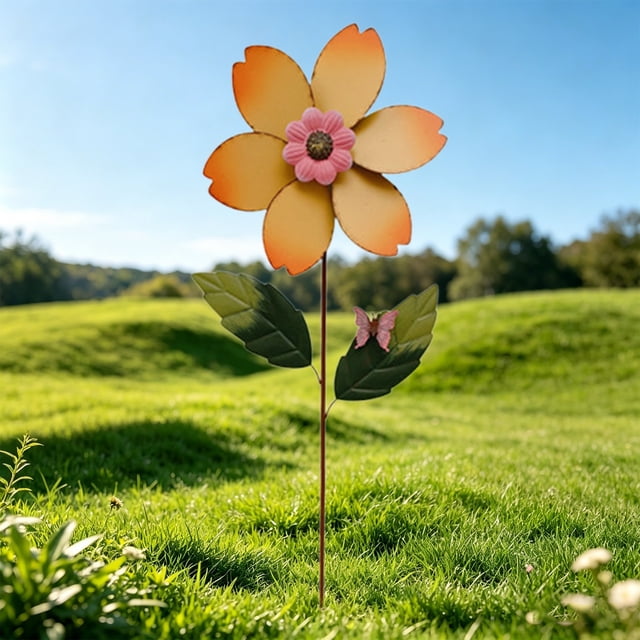 Decoración de jardín exterior de hierro con inserción de flores y pétalos giratorios, metal resistente a la intemperie, incluye estacas para suelo para paisajismo en patio, jardín y balcón.