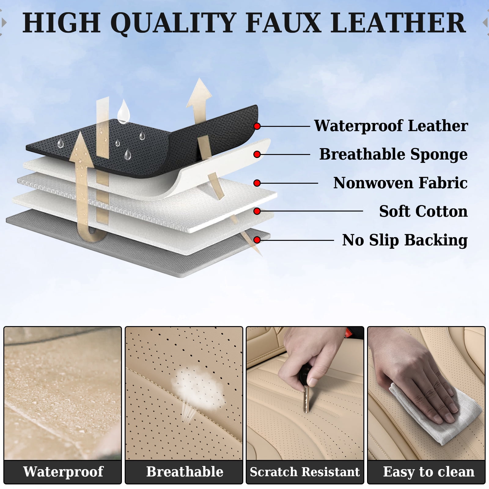Coverado Full Set Car Seat Covers, Waterproof Faux Leather Front and Rear Seat Protector, Breathable Seat Cushions Universal Fit for Most Cars, Beige
