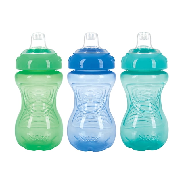 Nuby Paquete de 3 vasos para sorber para niños pequeños sin derrames, vasos para niños pequeños a prueba de derrames con agarre fácil y firme, azul, aguamarina, verde
