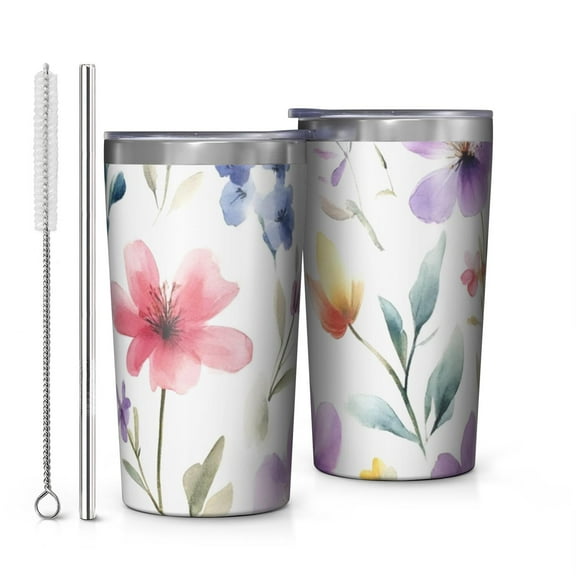 Watercolor Floral Pattern 10oz Tumblers Stainless Steel Tumbler with Lid and Straw,Vacuum Insulated Double Wall Travel Tumbler Cups with Cleaning Brush for Coffee, Tea