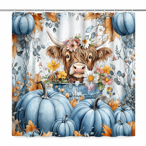 Fall Blue Pumpkin Shower Curtain, Autumn Plant Eucalyptus Leaves Floral Farmhouse Highland Cow Bath Curtain, Funny Animals Bathroom Accessories Botanical for Bathroom Curtain Set with Hooks, 72X72in
