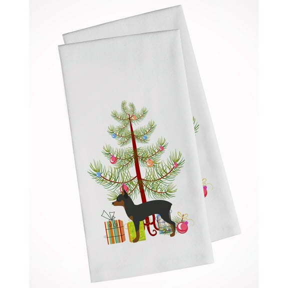 Toy Fox Terrier Merry Christmas Tree White Kitchen Towel Set of 2 Dish Towels