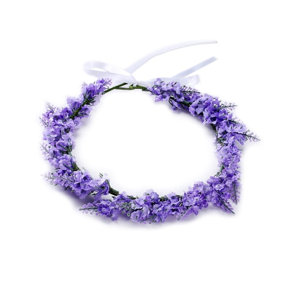 JUNTEX Simulated Flower Headband Boho Wedding Bride Lavender Floral Hair Band Garland Tiara Crown with Ribbon Headdress Decor