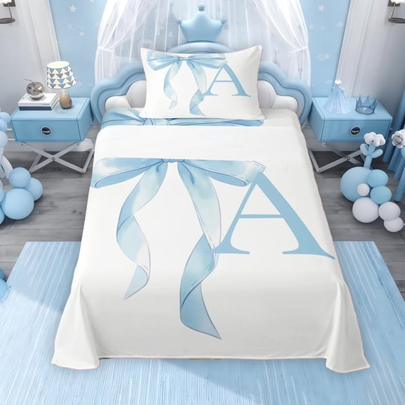 Erosebridal Blue Bowknot Twin Sheet Sets for Girls, Monogrammed A Bedding, 3pcs, 1 Flat Sheet, 1 Fitted Sheet and 1 Pillowcase