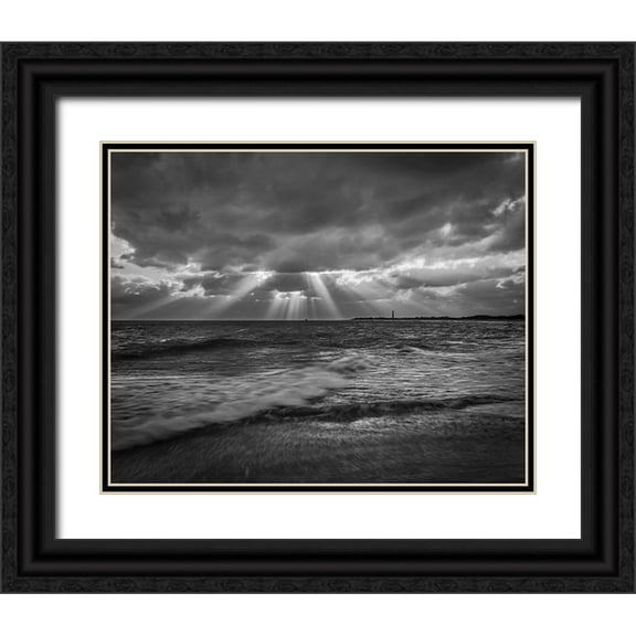 Jaynes Gallery 32x26 Black Ornate Wood Framed with Double Matting Museum Art Print Titled - New Jersey-Cape May National Seashore BandW of sunset on ocean shore