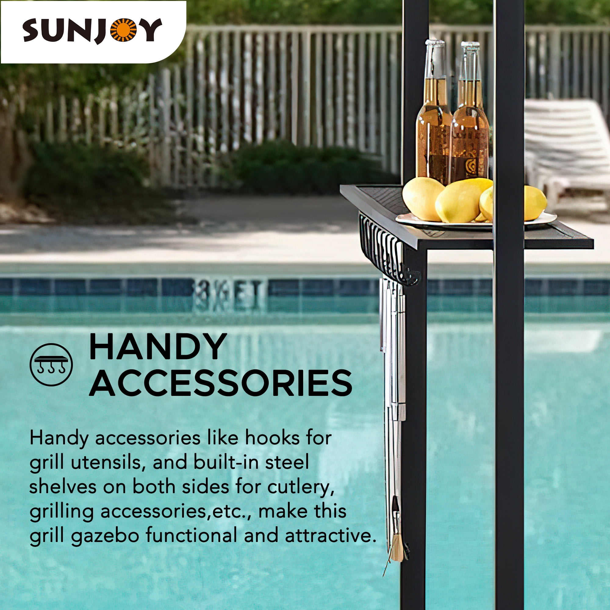 Sunjoy Orville 8 ft. x 5 ft. Black Steel 2-tier Grill Gazebo with Beige and Black Canopy