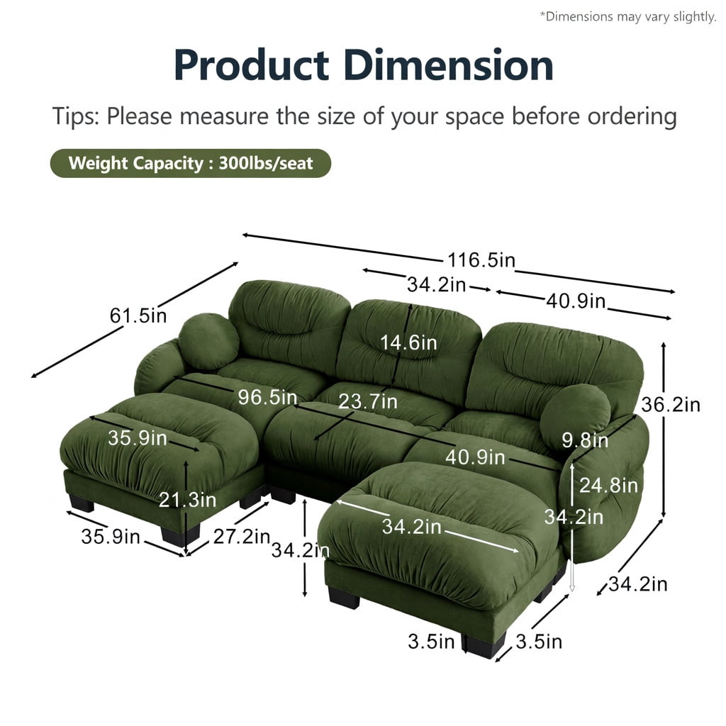 Hommoo Chenille U-Shaped Modular Sectional Sofa with Ergonomic Foam, Curved Armrests, 2 Ottomans & 2 Throw Pillows, 3-Seat Pleated Design, Green