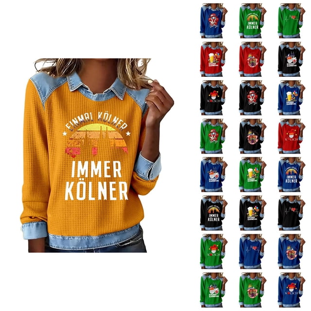 Mardi Gras Chemises à Manches Longues pour Femmes 2026 Mode Denim Patchwork Col à Revers Chandail en Molleton Graphique