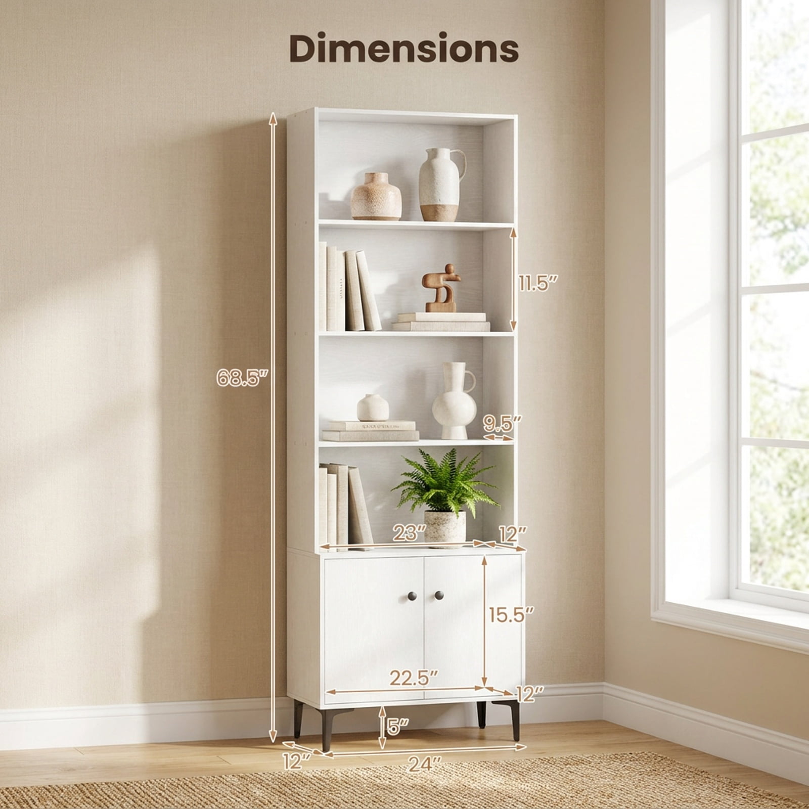 Furnibear Giantex Bookshelf with Doors and 2 Anti-Tipping Kits for Home Office for Living Room Home Office Bedroom Display Storage Shelf, White