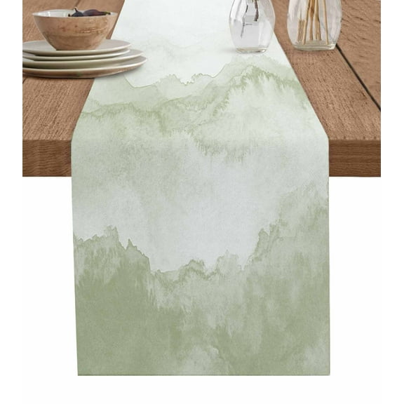 Sage Green Ombre Mountain Table Runner Cotton Linen 48 Inch Holiday Dresser Scarves, Nature Abstract Art Marble Tablerunner for Kitchen Coffee Dining Bedroom Living Room Dinner Scarf Décor 13''x48''