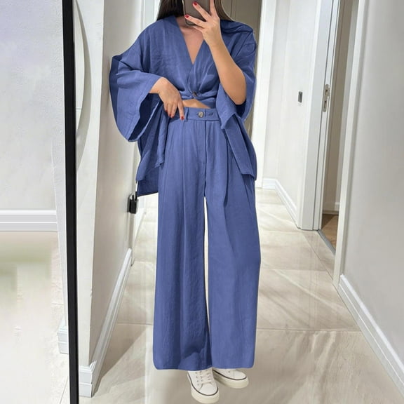 Women's 2 Piece Set Fall Outfits Lounge Sets Women's Casual Suit V-neck One Button Loose Long-sleeved Top High Waist Trousers Two-piece Suit,Blue,L