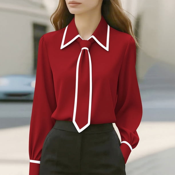 TaTaai Lapel Tie Solid Top Soft Comfortable Women's Casual Long Sleeve Fashion All Season Daily Party Work Versatile Shirt Gift