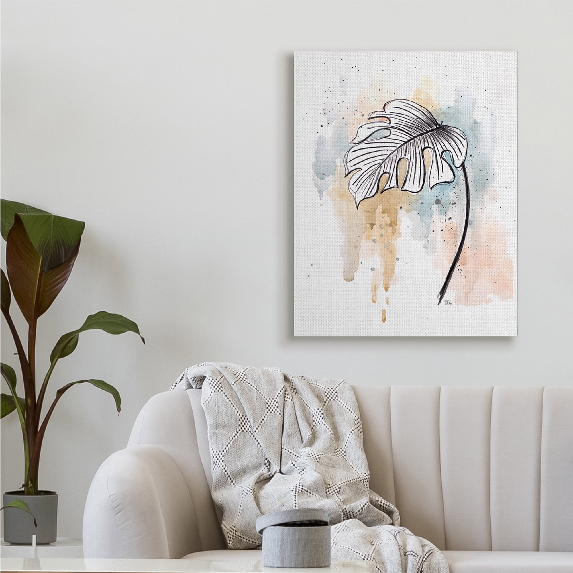 Stupell Industries Monstera Plant Stem Blue Brown Splatter Watercolor,30 x 40,Designed by Patricia Pinto
