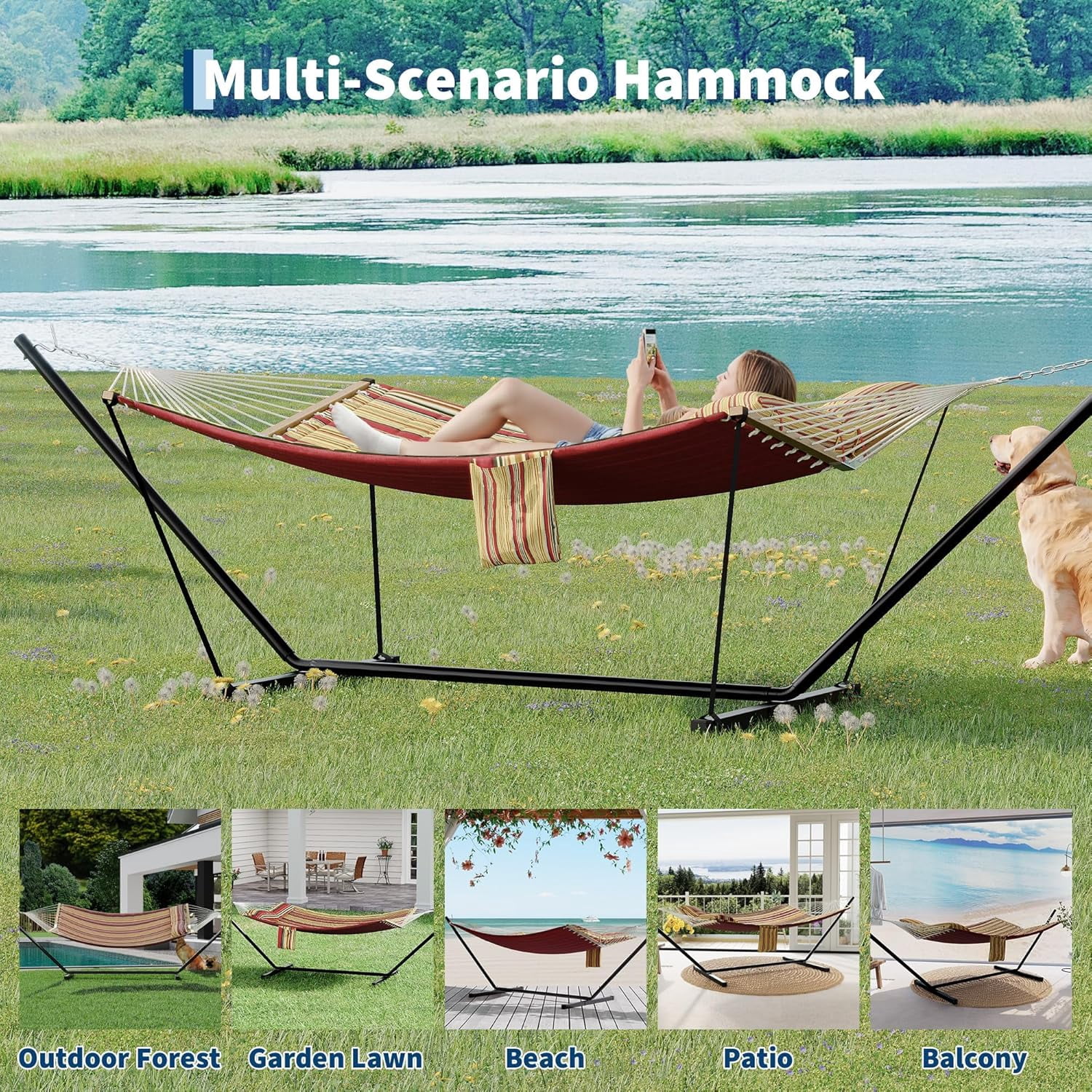 2 Person Outdoor Hammock with Stand, Heavy Duty Portable Double Hammock with Balance Rope, MAX 450 LBS Capacity for Patio, Backyard, Garden, Beach