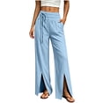 thumbnail image 2 of Bloomae Wide Leg Pants for Women Loose Flowy Palazzo Side Drawstring Pleated Elastic Waist Lounge Trousers Summer Beach Vacation High Slit Hem Pants with Pockets, 2 of 7