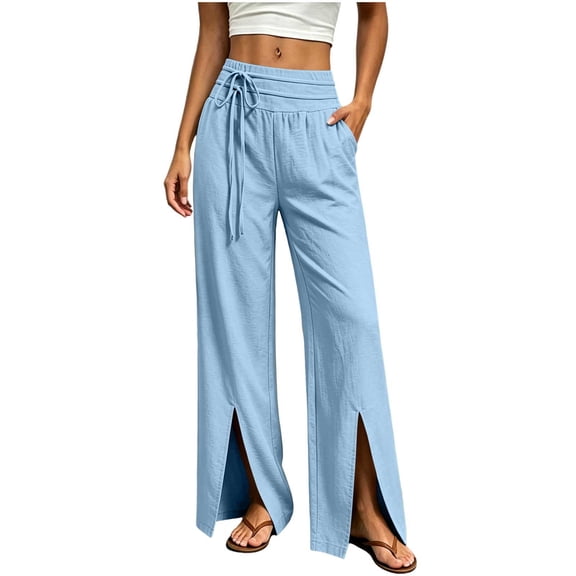 Straight Leg Pants for Women Casual Side Slit Hem Trousers with Decorative Drawstring Waist and Pockets for Resort Travel City Walks Weekend Summer