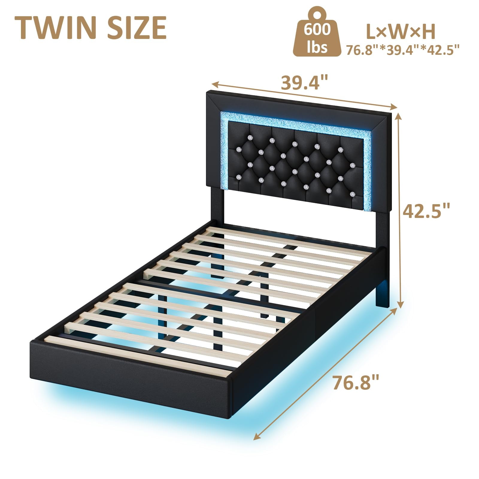 4 Ever Winner Twin Floating Bed Frame with LED Lights, LED Upholstered Platform Bed Frame with Diamond Tufted Headboard, Black LED Bed Frame for Bedroom, Black
