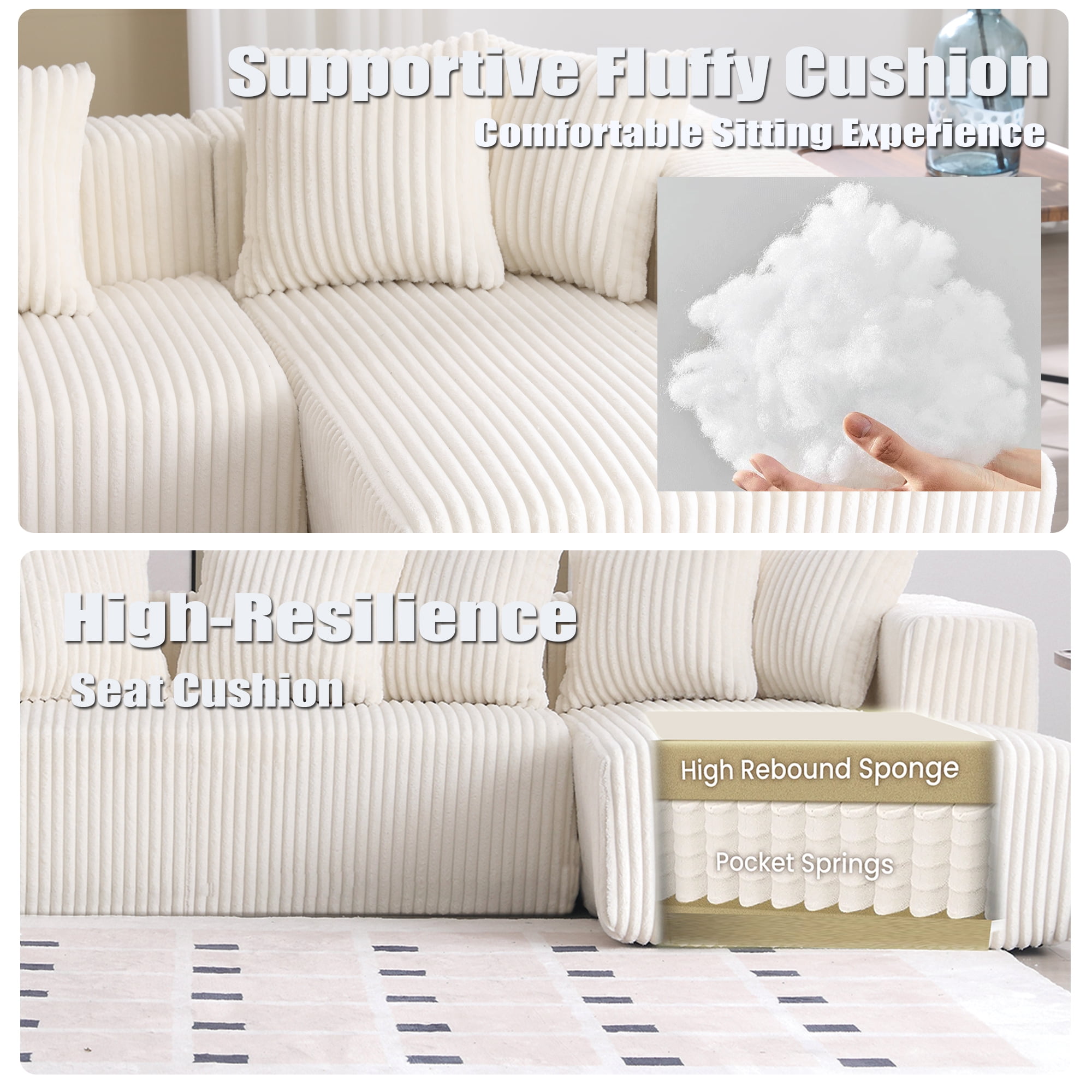 SEENYOO 130" Boneless Couch, Modern Couches for Living Room, U-Shaped 4-Seat Modular Sofa with Chaise, Oversized, No Assembly, White