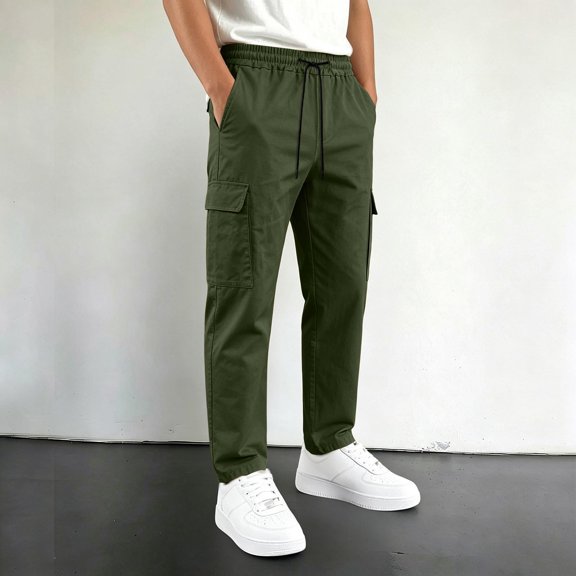 Uobin Kids Straight‑Leg Cargo Pants, Elastic Drawstring Waist Multi‑Pocket Casual Sports Trousers for Boys Girls 5‑16 Years Old