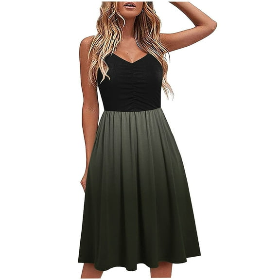 USSUMA Sundresses for Women Gradient Sleeveless Casual Dresses for Women A Line Cami Flowy Swing Midi Dresses Women Summer V Neck Beach Dresses Wedding Guest