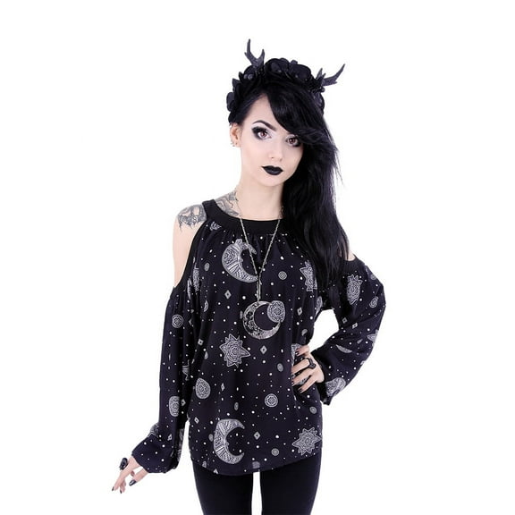 Restyle Moon Hippie Crescent Oversized Cold Shoulders Shirt, Black, Small