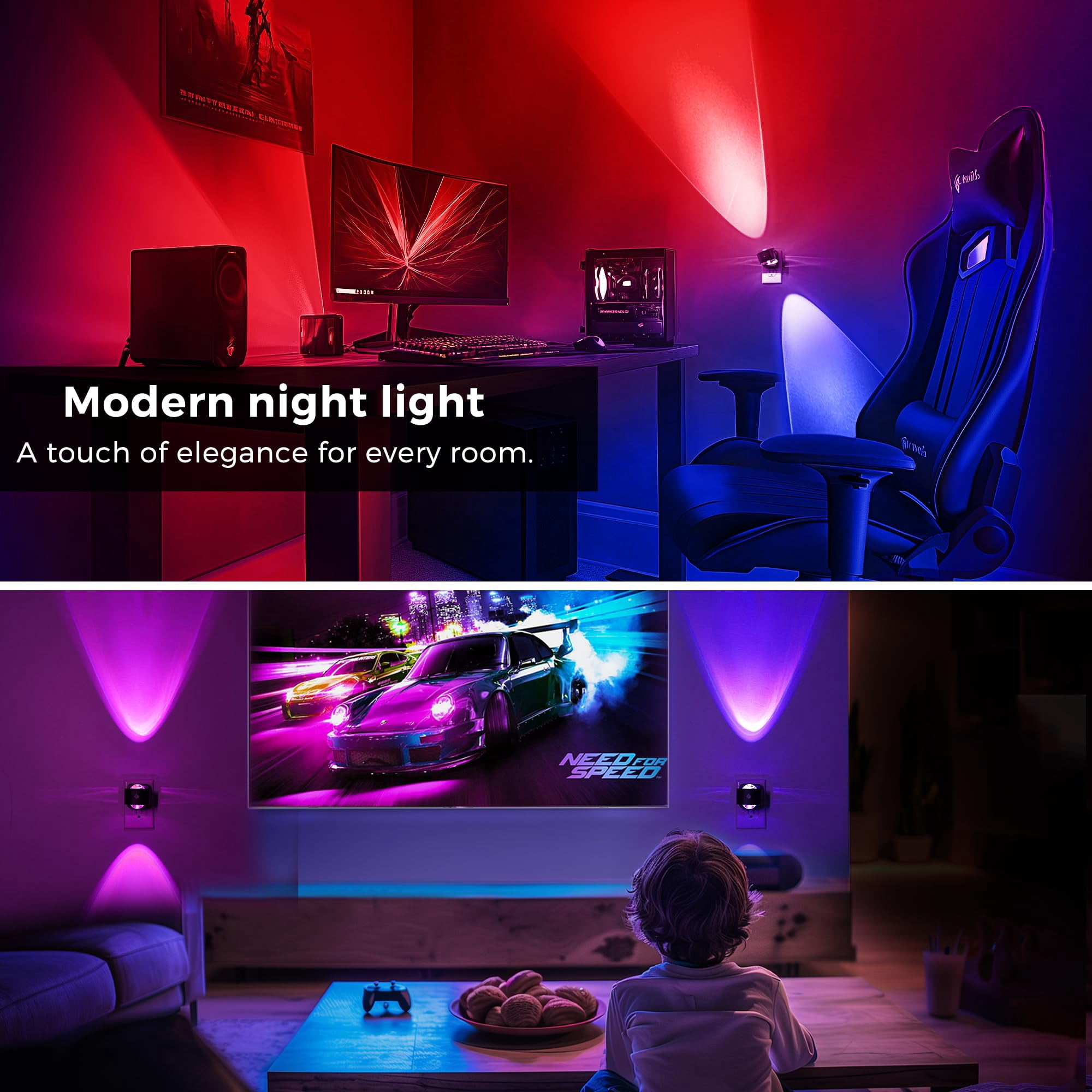 Night Light Projector  2 Pack Color Changing Plug Into Wall Dusk To Dawn Sensor Rotating Nightlight Rgb Ambient Lighting For Bathroom Gaming Room Decor Gifts