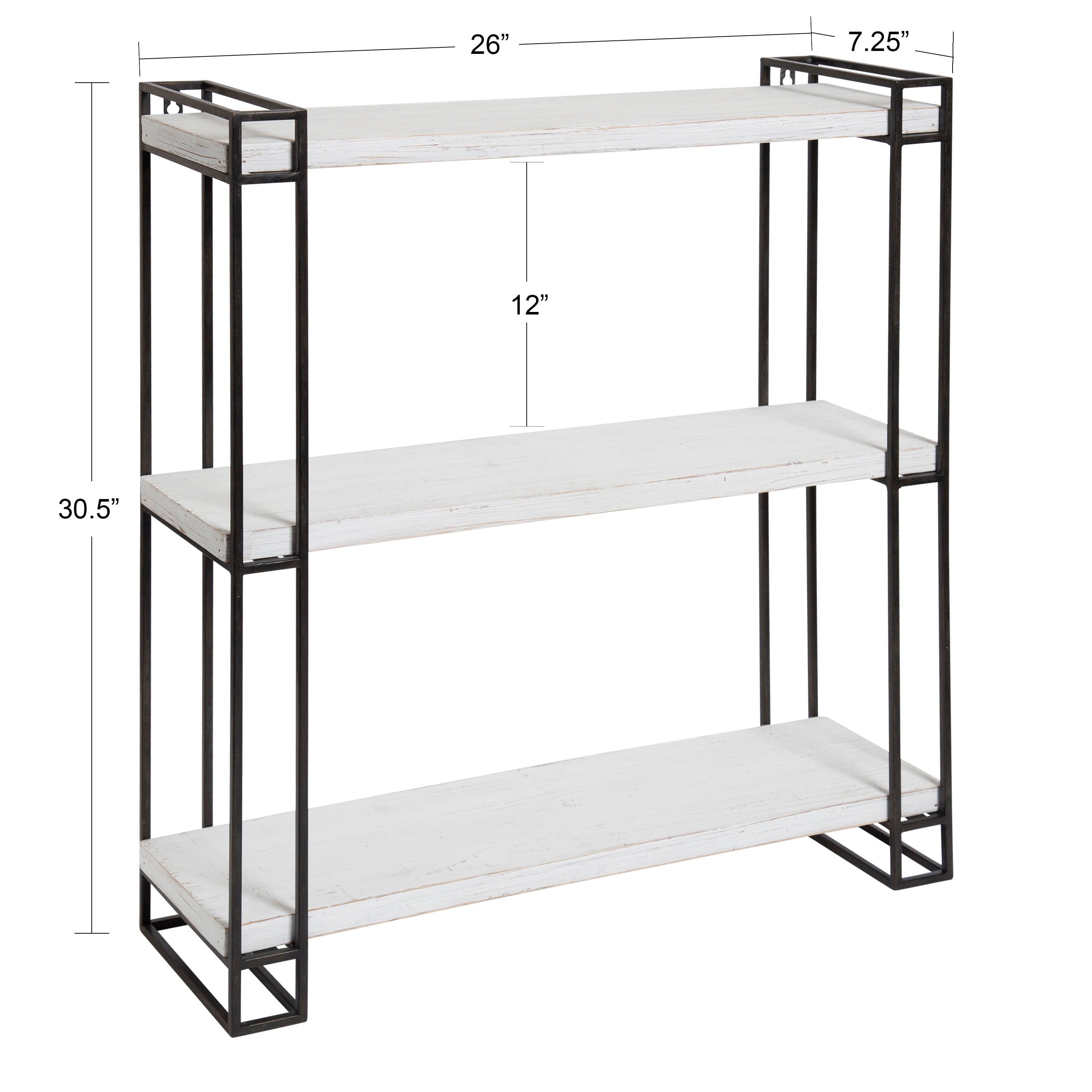 Kate and Laurel Lintz Modern Industrial Wood and Metal Floating Wall Shelves with Black Metal Frame, Rustic White