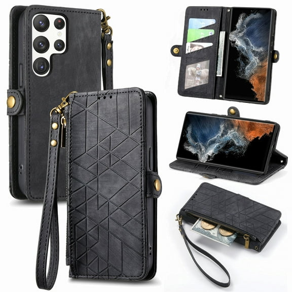 Nalacover Case for Samsung S21 Ultra, with RFID Blocking Card Slot Holder, Magnetic Flip Folio Purse Case, PU Leather Zipper Handbag with Detachable Lanyard Strap for Samsung Galaxy S21 Ultra, Black